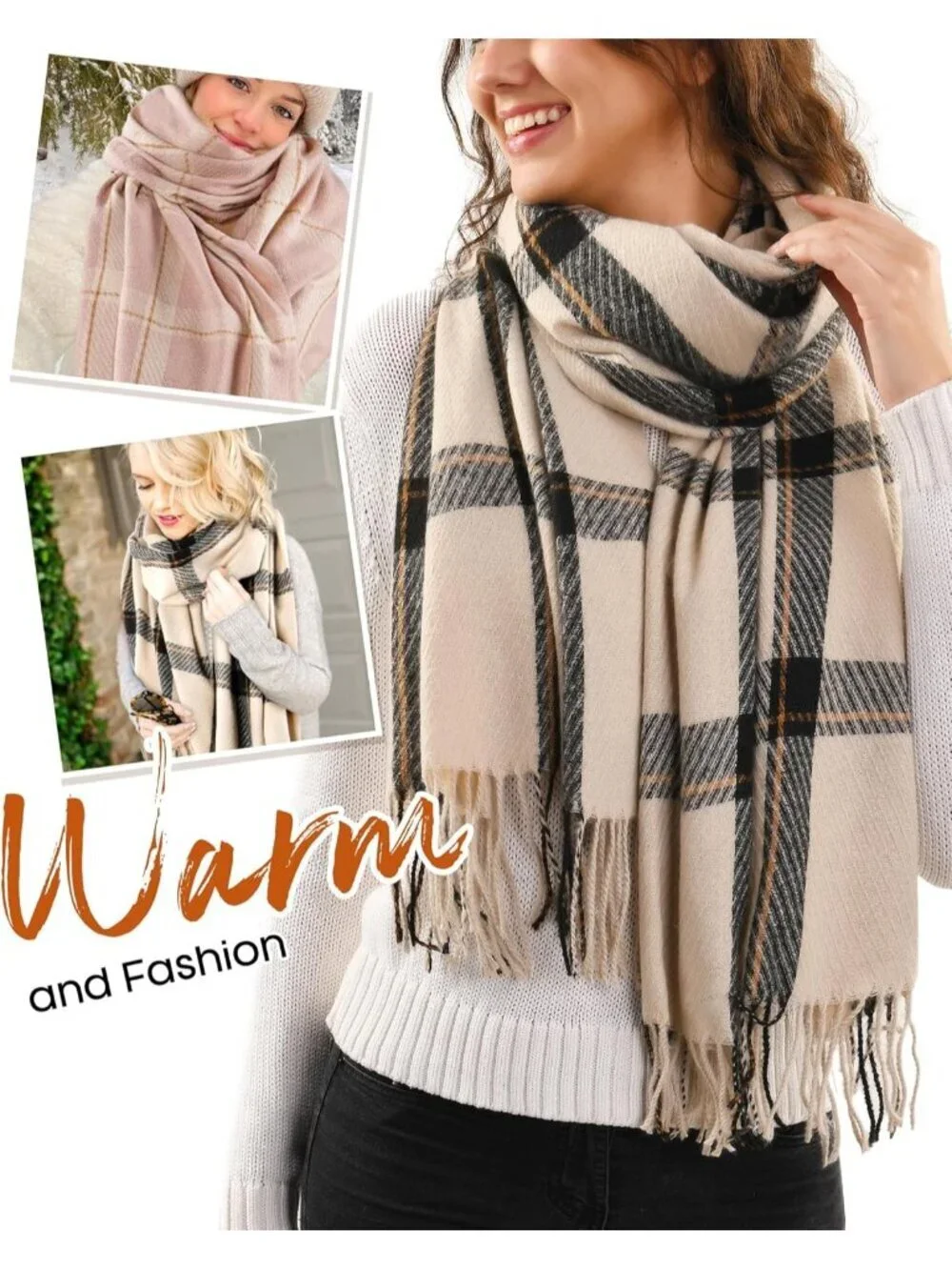 Women's Beige Shawl Soft Tassel Plaid Large Scarves Wraps Neck Scarves